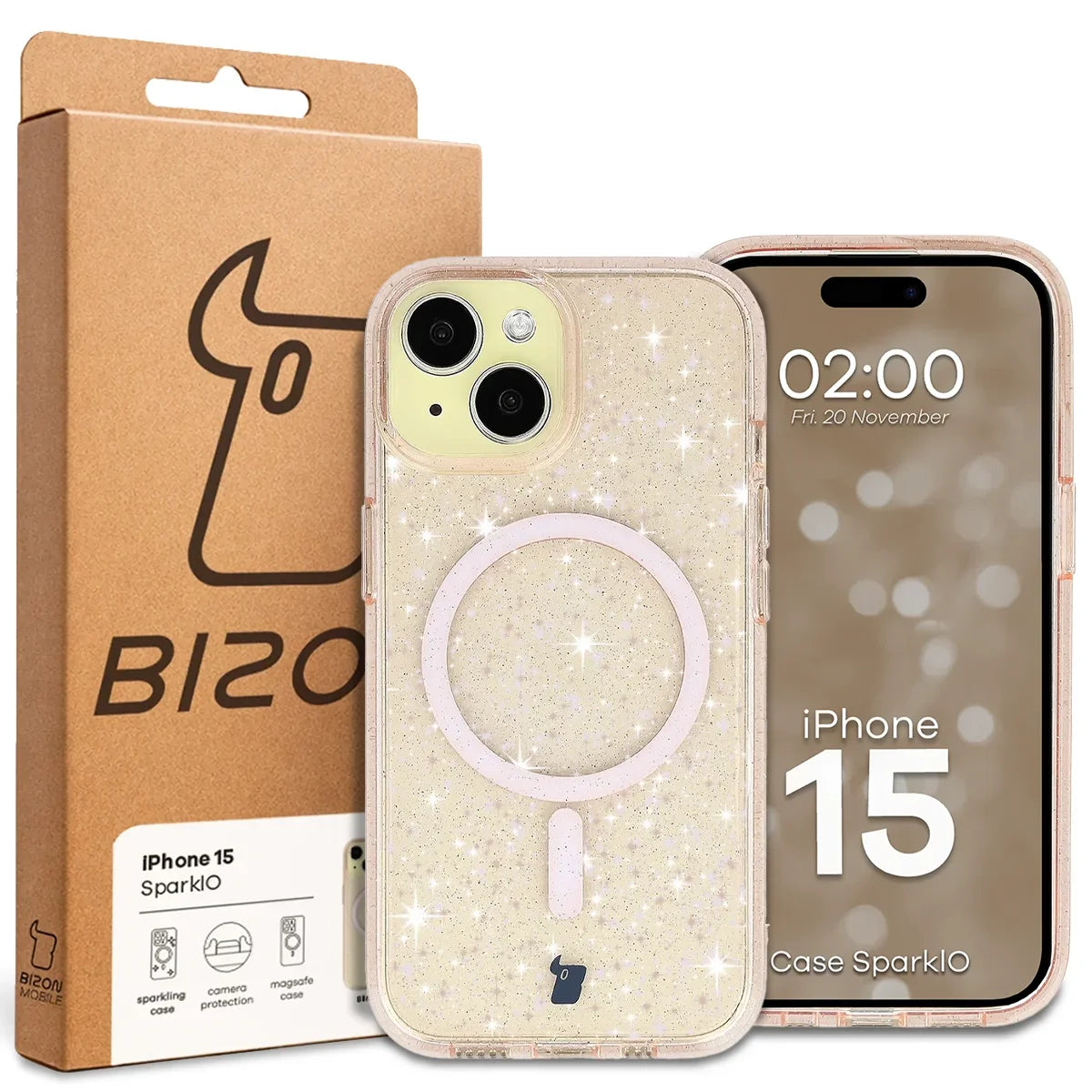 Glitzer Hülle mit Magnetring für iPhone 15, Bizon Case SparklO, Transparent-Hellorange mit Glitzer