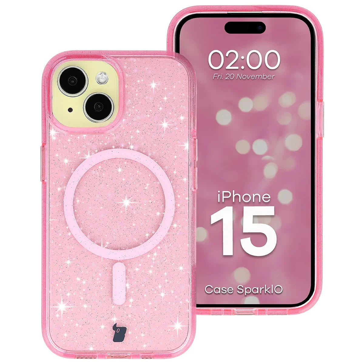 Glitzer Hülle mit Magnetring für iPhone 15, Bizon Case SparklO, Transparent-Rosa mit Glitzer