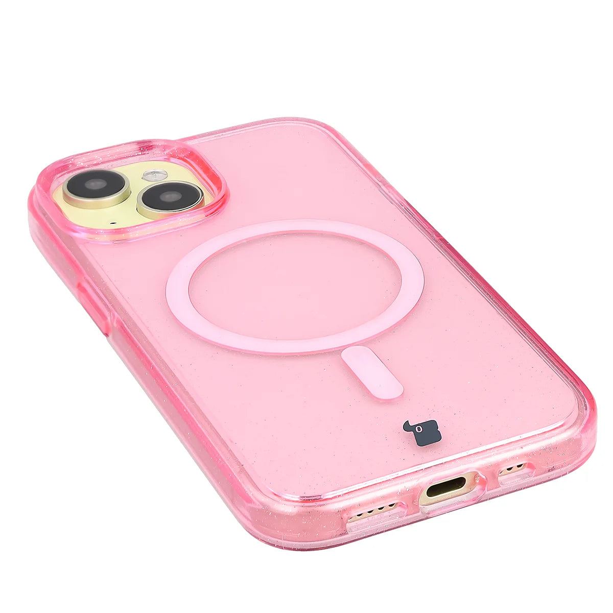 Glitzer Hülle mit Magnetring für iPhone 15, Bizon Case SparklO, Transparent-Rosa mit Glitzer