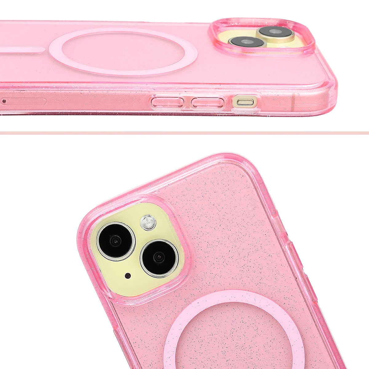 Glitzer Hülle mit Magnetring für iPhone 15, Bizon Case SparklO, Transparent-Rosa mit Glitzer