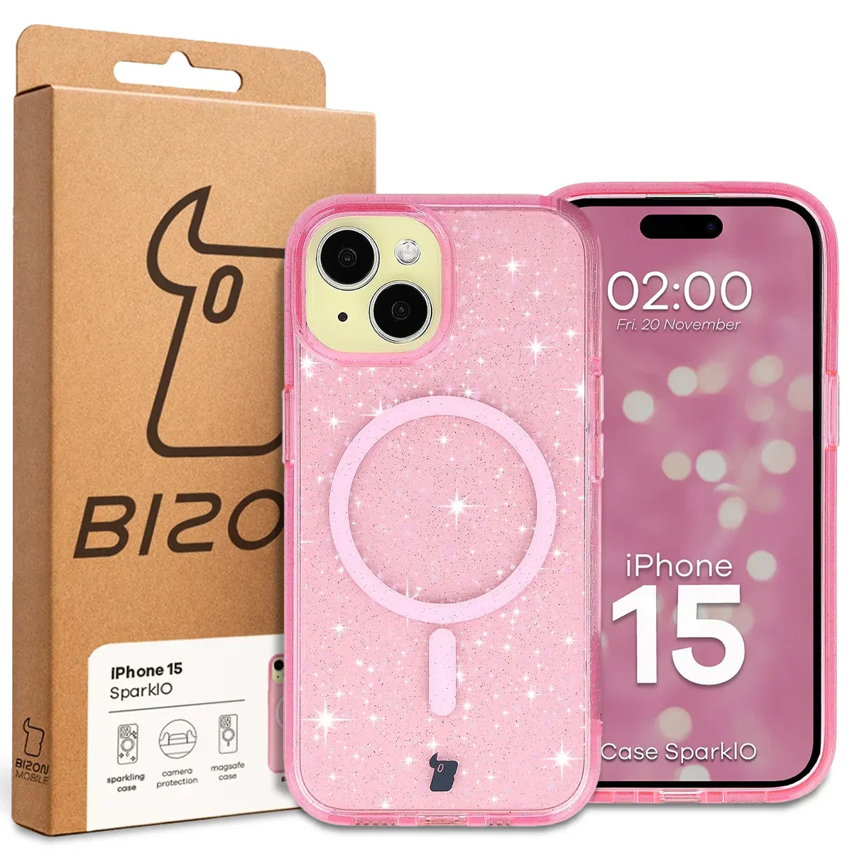 Glitzer Hülle mit Magnetring für iPhone 15, Bizon Case SparklO, Transparent-Rosa mit Glitzer