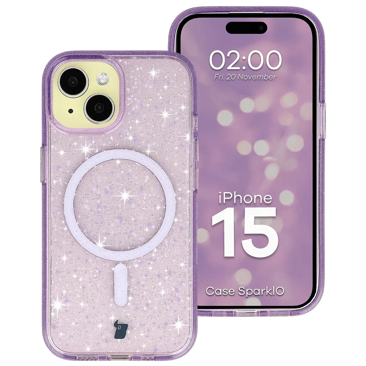 Glitzer Hülle mit Magnetring für iPhone 15, Bizon Case SparklO, Transparent-Violet mit Glitzer