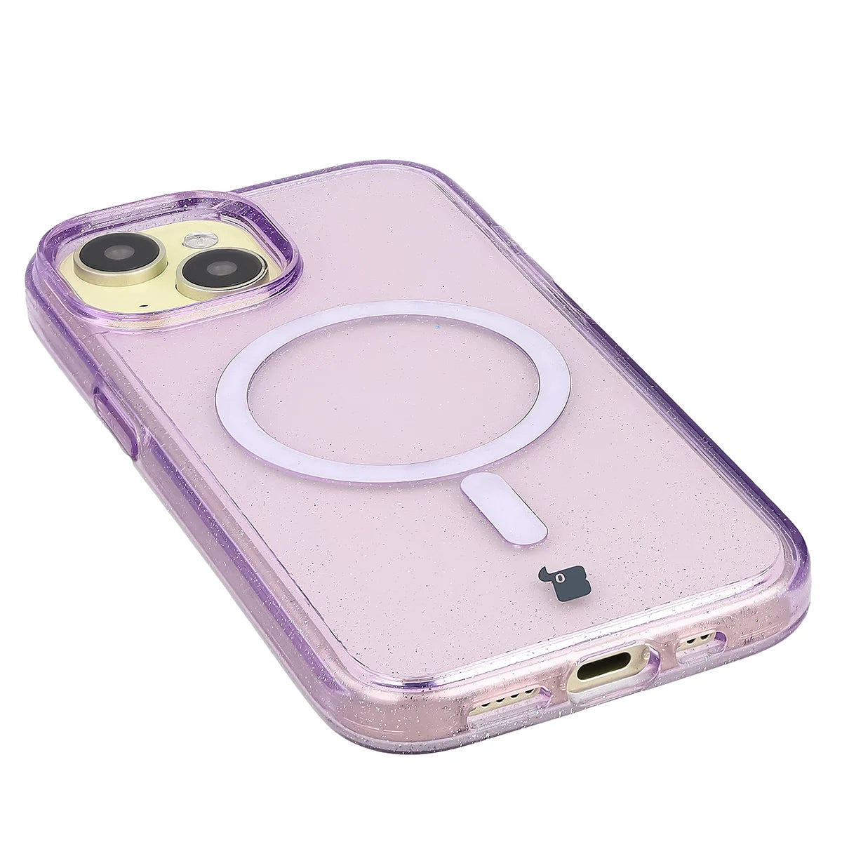 Glitzer Hülle mit Magnetring für iPhone 15, Bizon Case SparklO, Transparent-Violet mit Glitzer