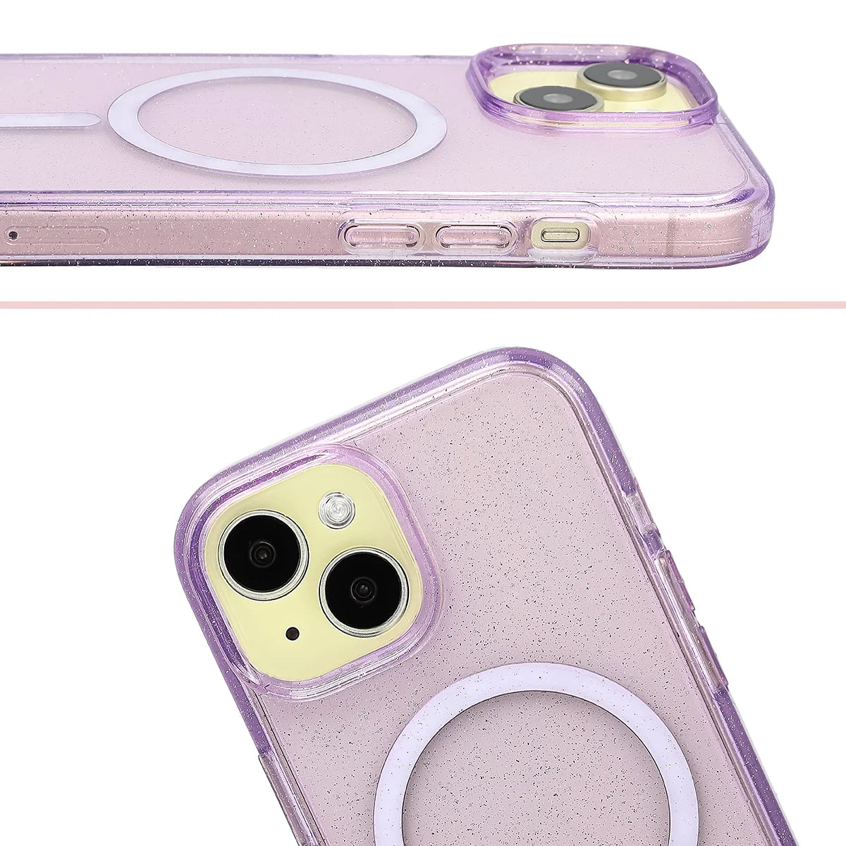Glitzer Hülle mit Magnetring für iPhone 15, Bizon Case SparklO, Transparent-Violet mit Glitzer