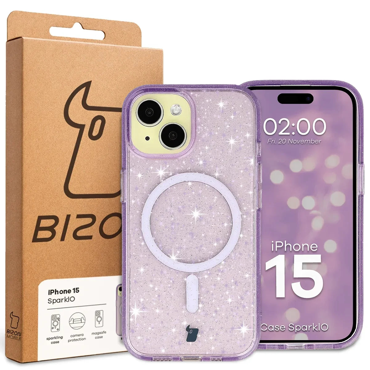 Glitzer Hülle mit Magnetring für iPhone 15, Bizon Case SparklO, Transparent-Violet mit Glitzer