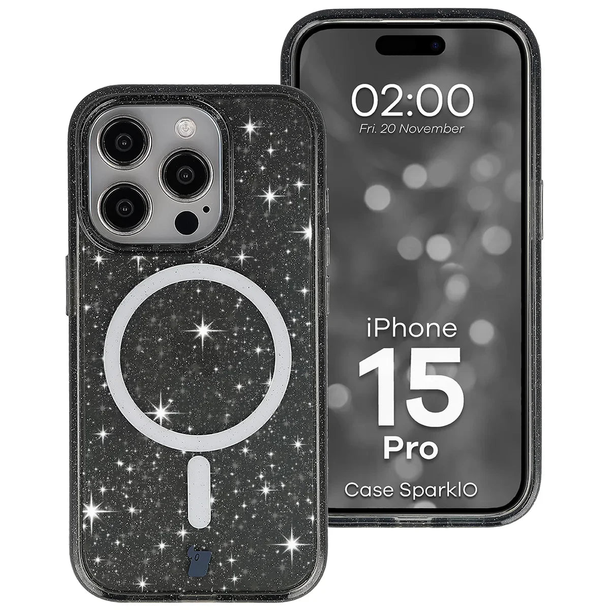 Glitzer Hülle mit Magnetring für iPhone 15 Pro, Bizon Case SparklO, Transparent-Schwarz mit Glitzer
