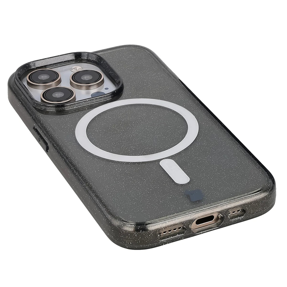 Glitzer Hülle mit Magnetring für iPhone 15 Pro, Bizon Case SparklO, Transparent-Schwarz mit Glitzer