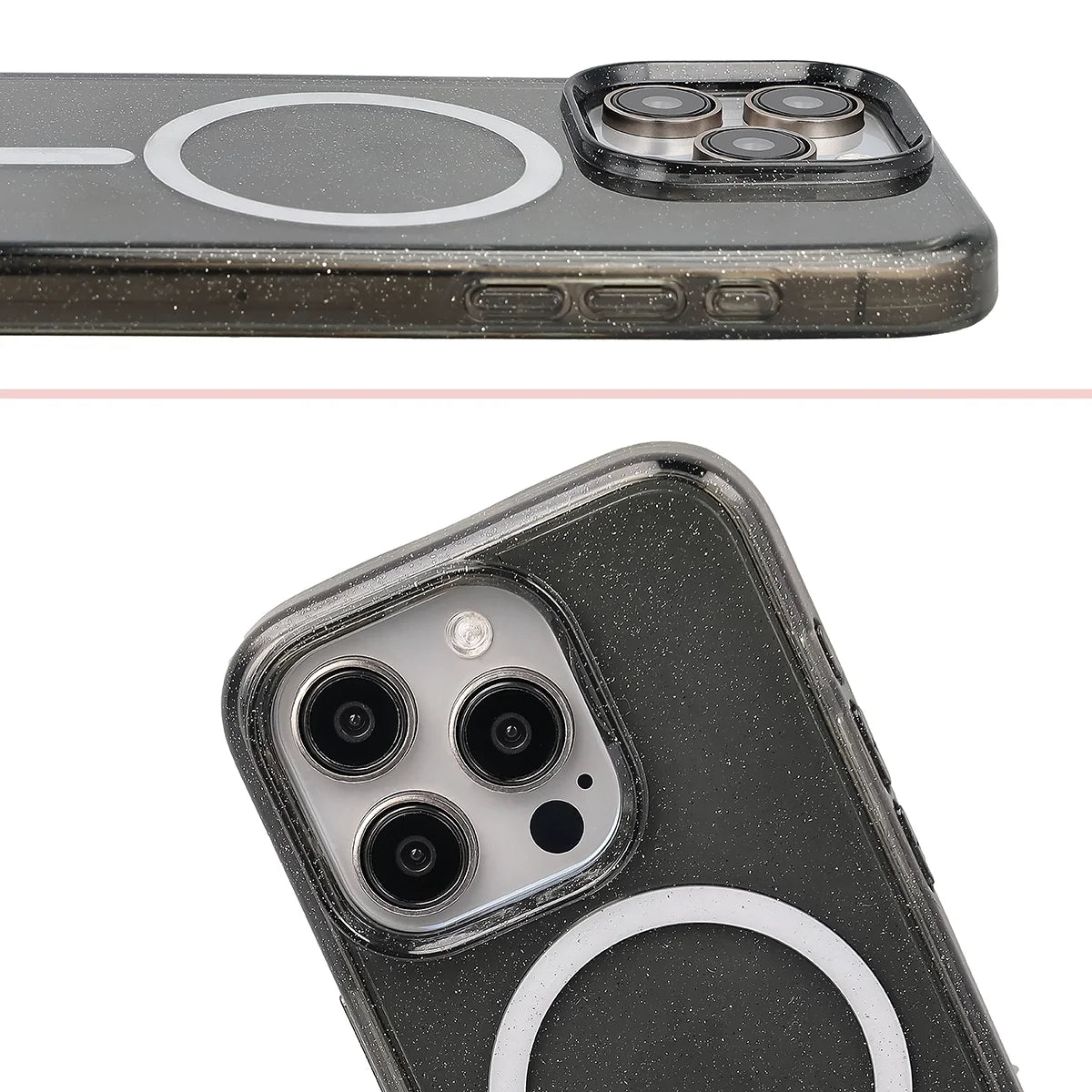 Glitzer Hülle mit Magnetring für iPhone 15 Pro, Bizon Case SparklO, Transparent-Schwarz mit Glitzer