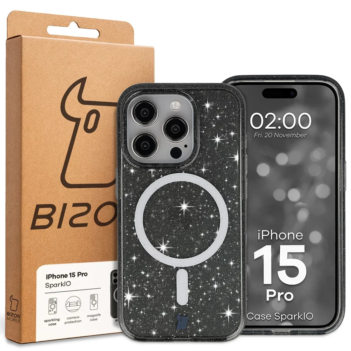 Glitzer Hülle mit Magnetring für iPhone 15 Pro, Bizon Case SparklO, Transparent-Schwarz mit Glitzer