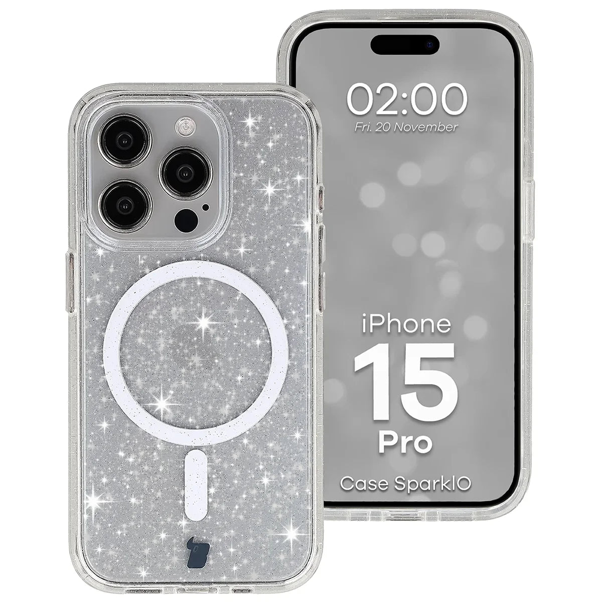 Glitzer Hülle mit Magnetring für iPhone 15 Pro, Bizon Case SparklO, Transparent mit Glitzer