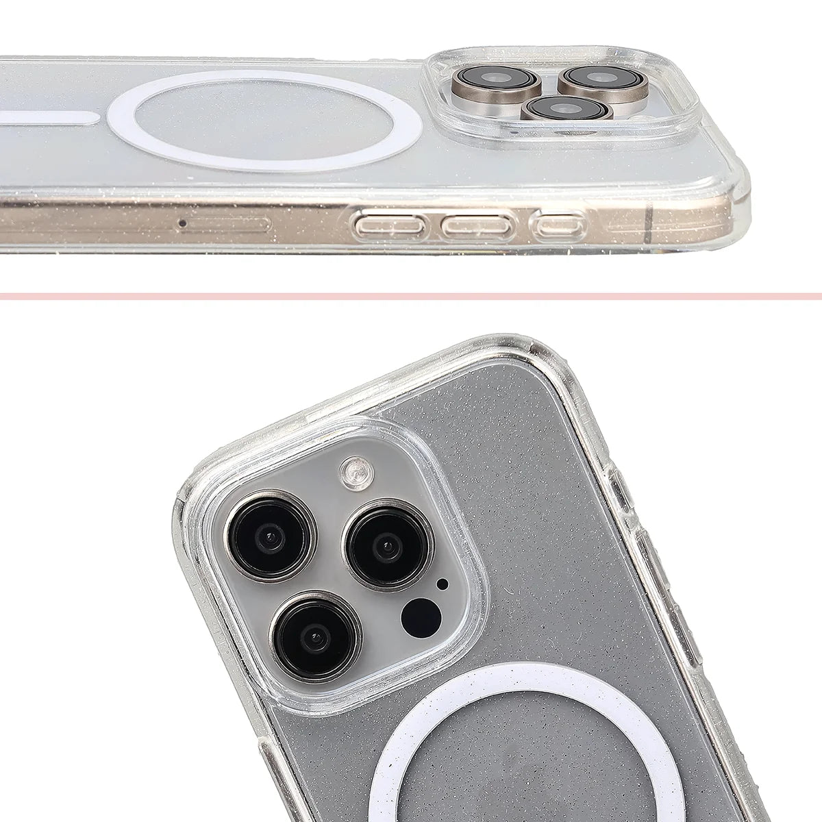 Glitzer Hülle mit Magnetring für iPhone 15 Pro, Bizon Case SparklO, Transparent mit Glitzer
