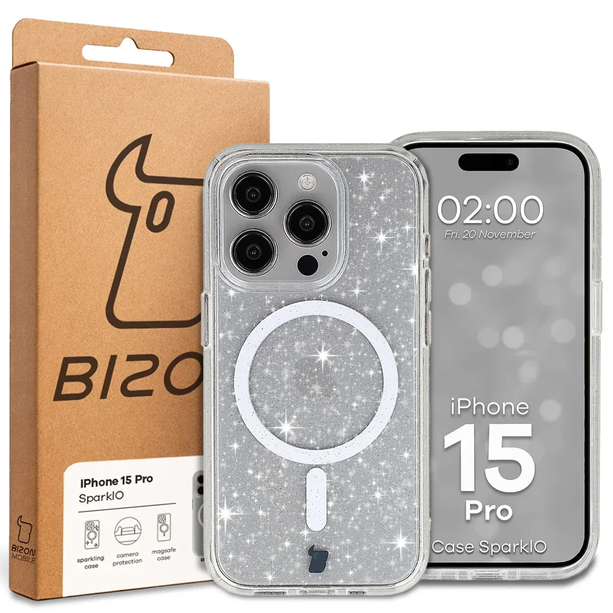 Glitzer Hülle mit Magnetring für iPhone 15 Pro, Bizon Case SparklO, Transparent mit Glitzer