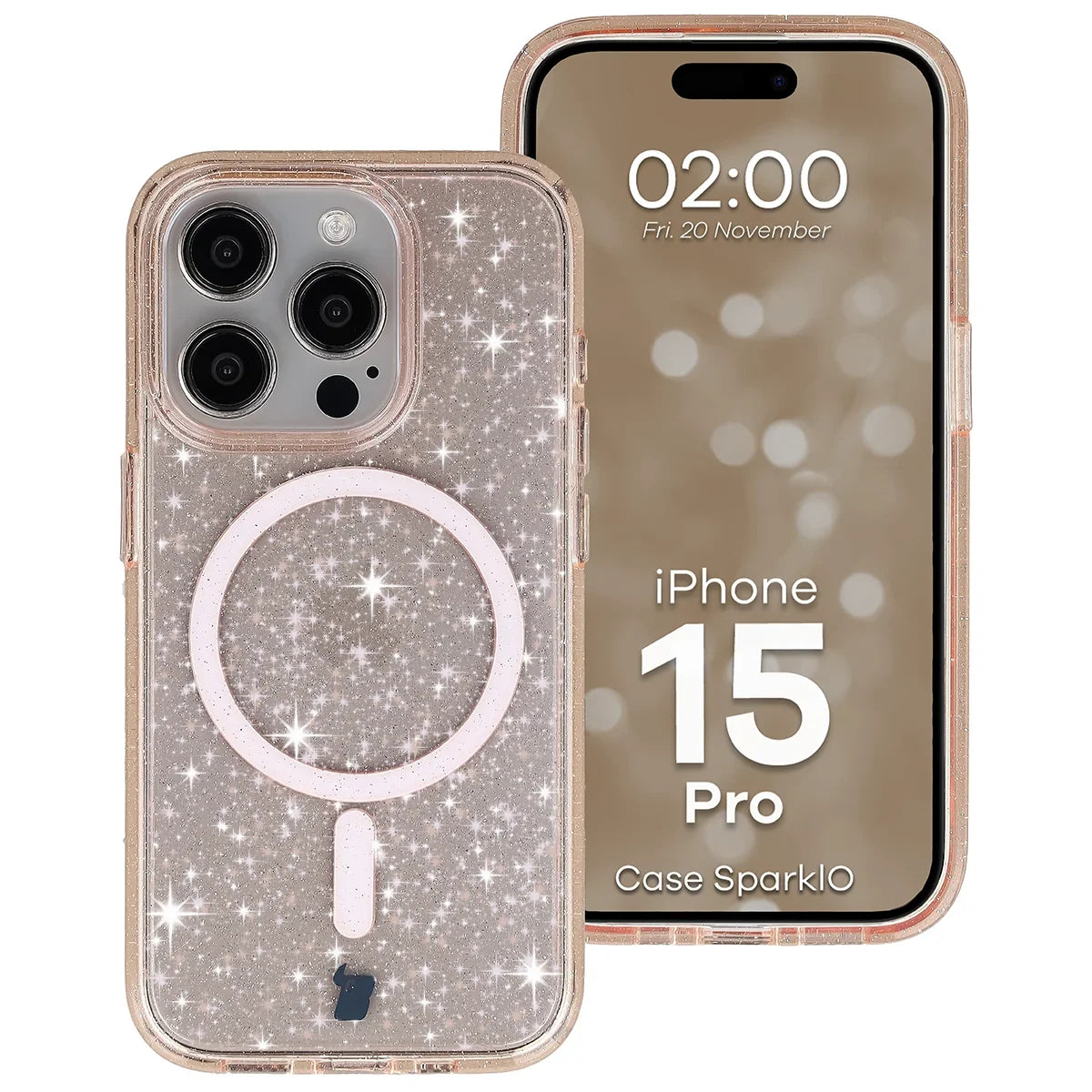 Glitzer Hülle mit Magnetring für iPhone 15 Pro, Bizon Case SparklO, Transparent-Hellorange mit Glitzer