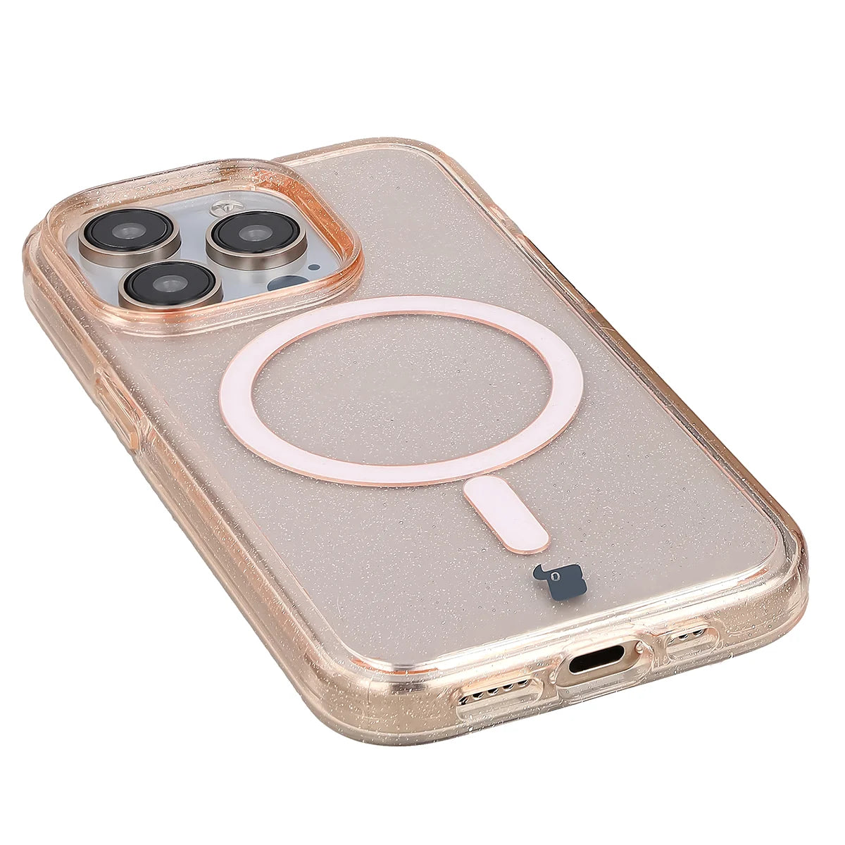 Glitzer Hülle mit Magnetring für iPhone 15 Pro, Bizon Case SparklO, Transparent-Hellorange mit Glitzer