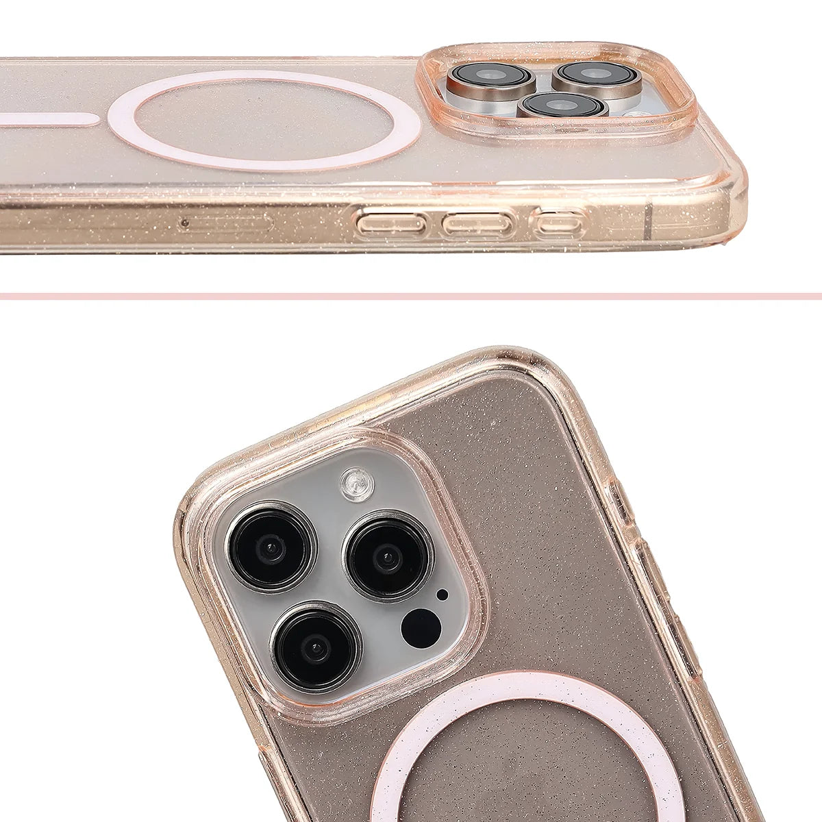 Glitzer Hülle mit Magnetring für iPhone 15 Pro, Bizon Case SparklO, Transparent-Hellorange mit Glitzer
