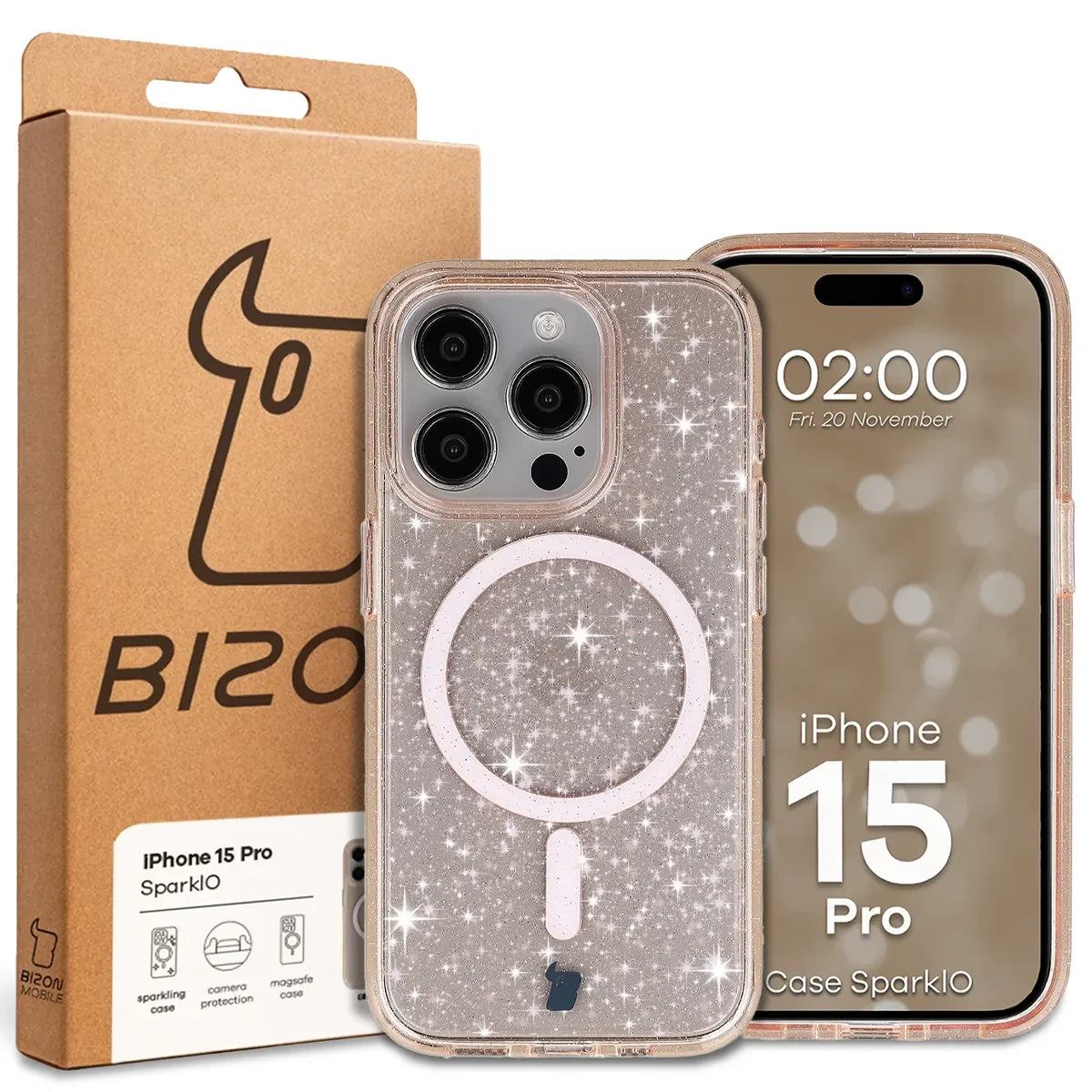 Glitzer Hülle mit Magnetring für iPhone 15 Pro, Bizon Case SparklO, Transparent-Hellorange mit Glitzer