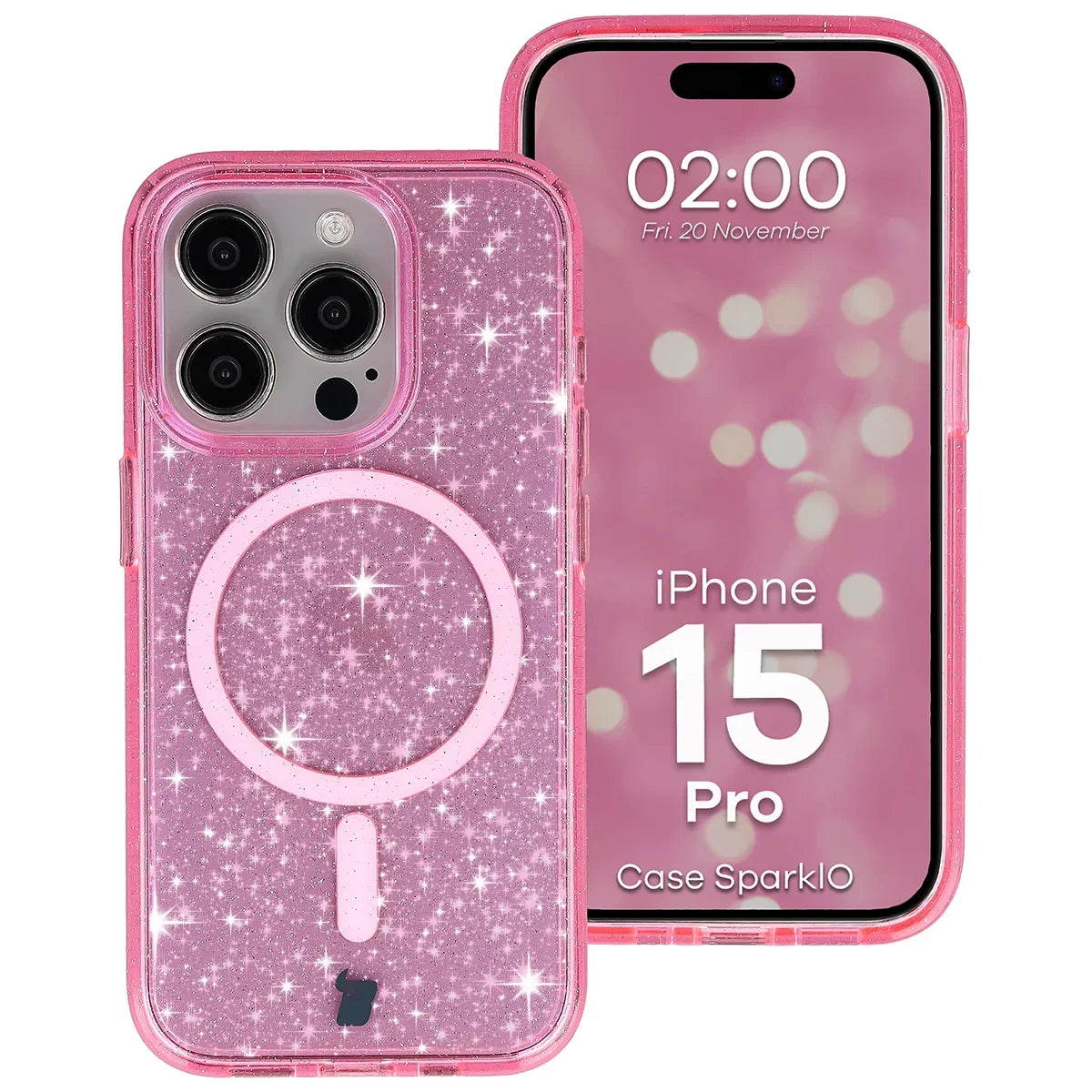 Glitzer Hülle mit Magnetring für iPhone 15 Pro, Bizon Case SparklO, Transparent-Rosa mit Glitzer