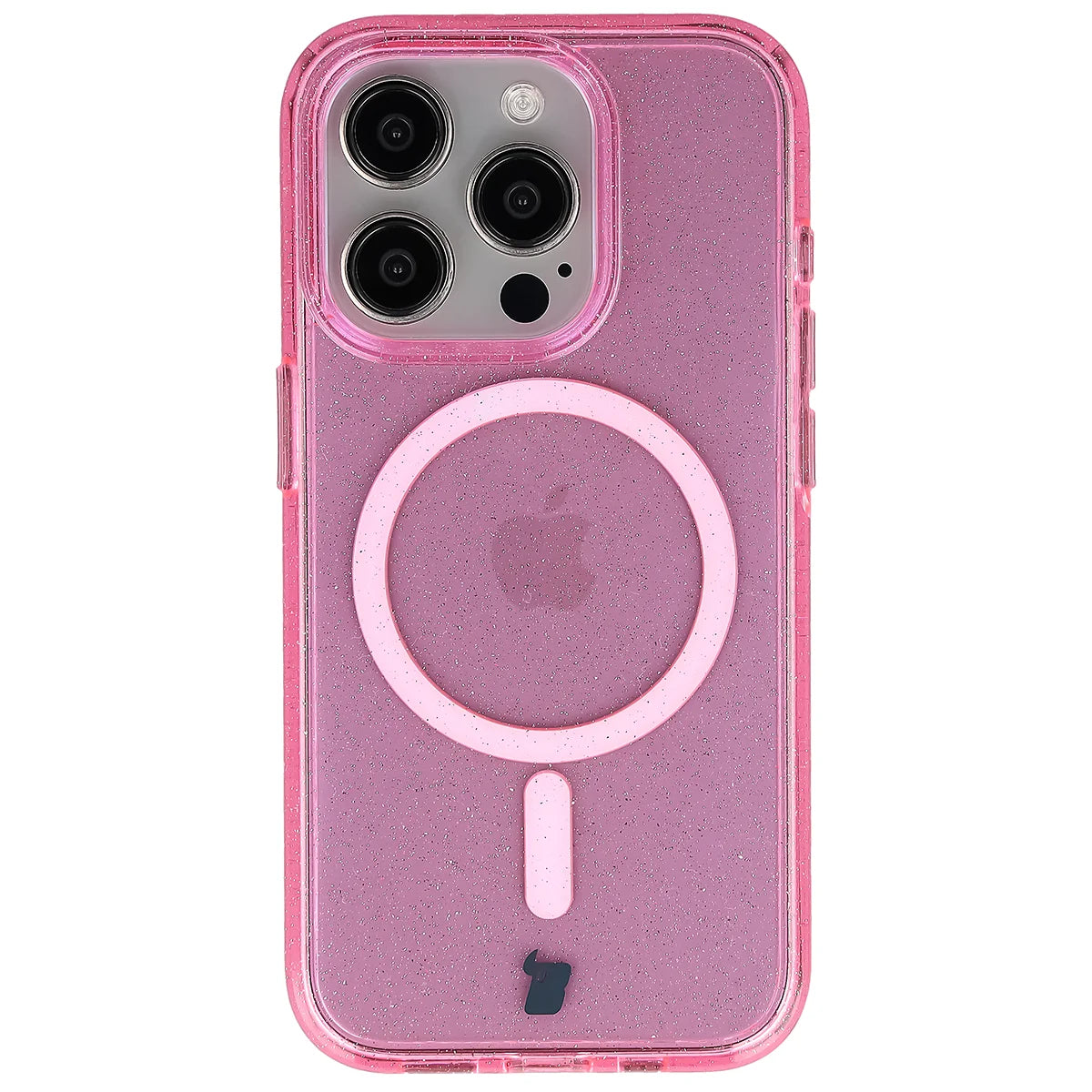 Glitzer Hülle mit Magnetring für iPhone 15 Pro, Bizon Case SparklO, Transparent-Rosa mit Glitzer