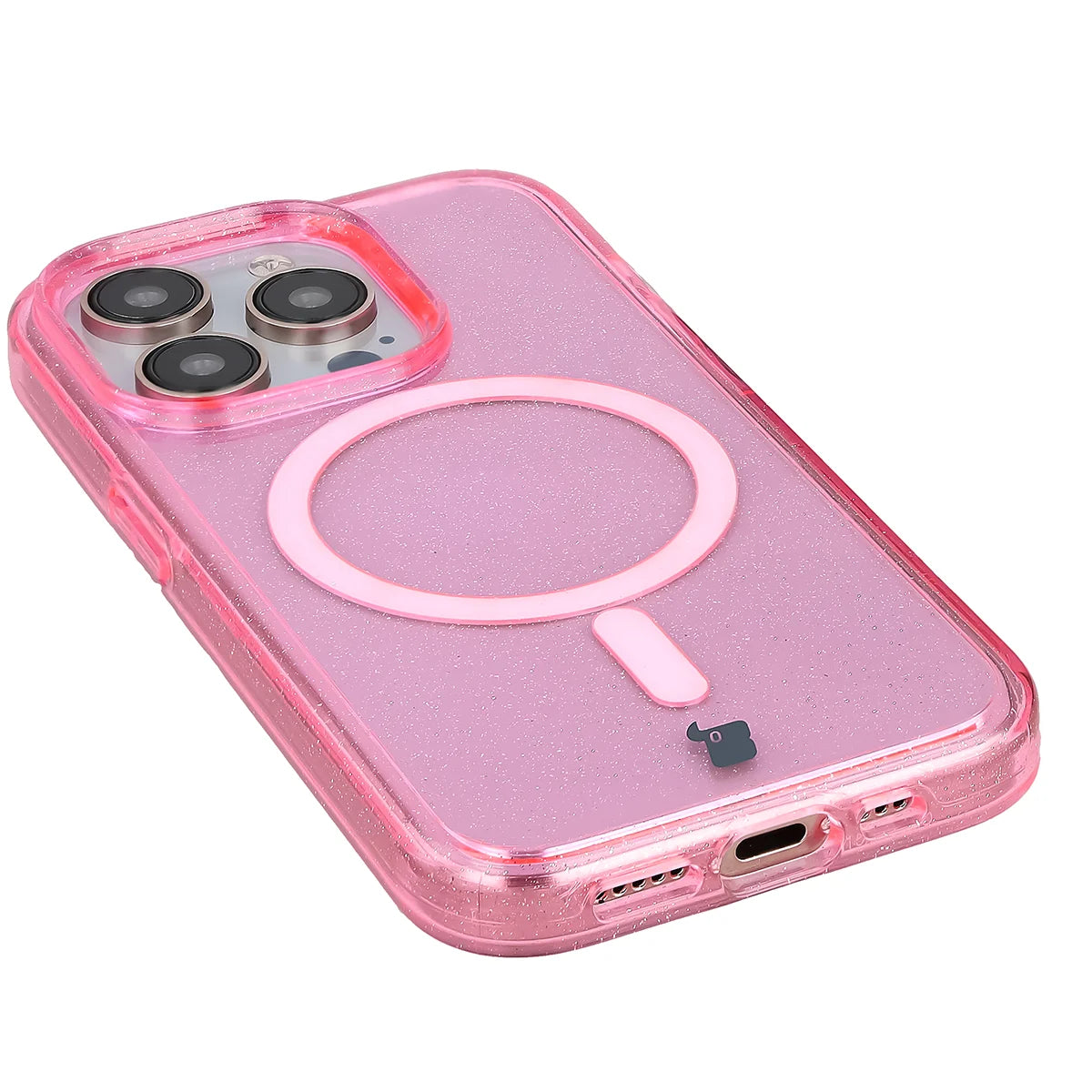 Glitzer Hülle mit Magnetring für iPhone 15 Pro, Bizon Case SparklO, Transparent-Rosa mit Glitzer
