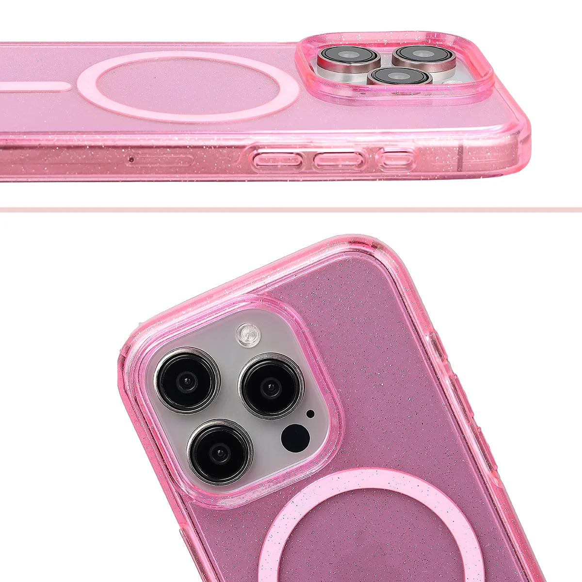 Glitzer Hülle mit Magnetring für iPhone 15 Pro, Bizon Case SparklO, Transparent-Rosa mit Glitzer