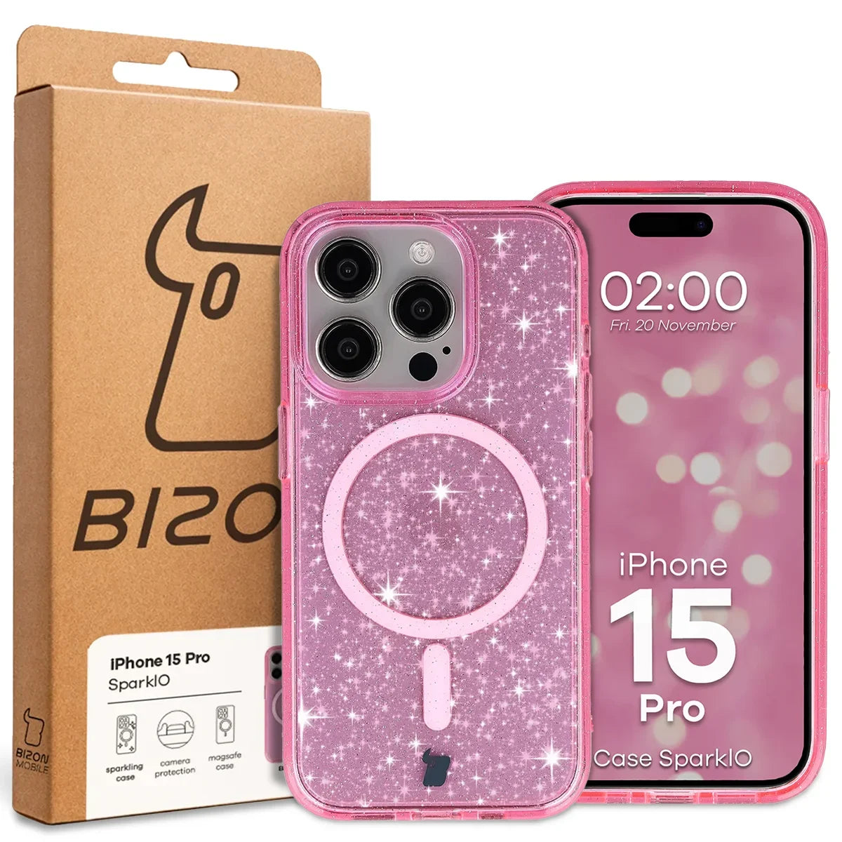 Glitzer Hülle mit Magnetring für iPhone 15 Pro, Bizon Case SparklO, Transparent-Rosa mit Glitzer