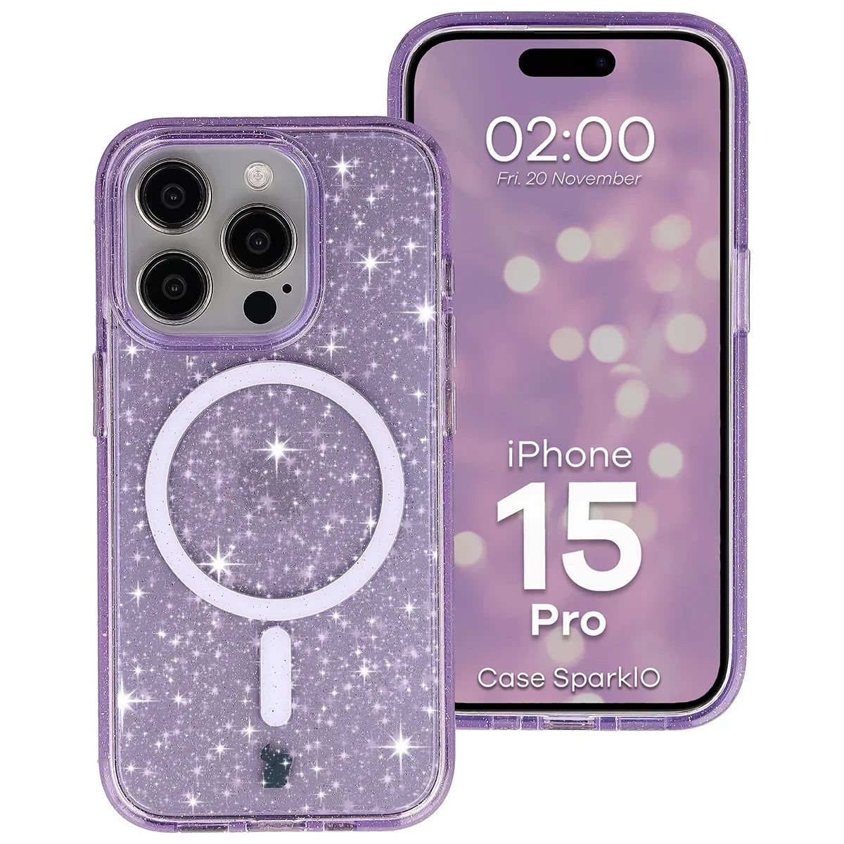 Glitzer Hülle mit Magnetring für iPhone 15 Pro, Bizon Case SparklO, Transparent-Violet mit Glitzer