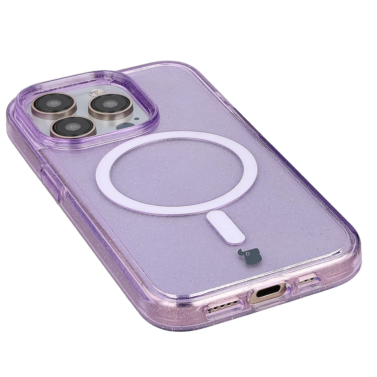 Glitzer Hülle mit Magnetring für iPhone 15 Pro, Bizon Case SparklO, Transparent-Violet mit Glitzer
