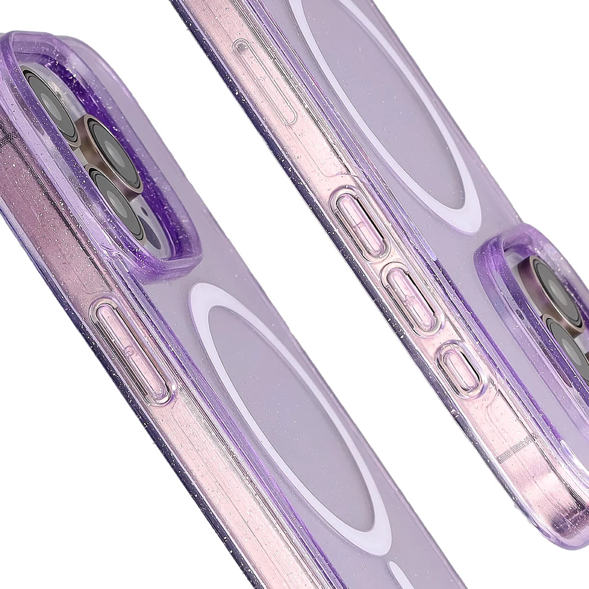 Glitzer Hülle mit Magnetring für iPhone 15 Pro, Bizon Case SparklO, Transparent-Violet mit Glitzer