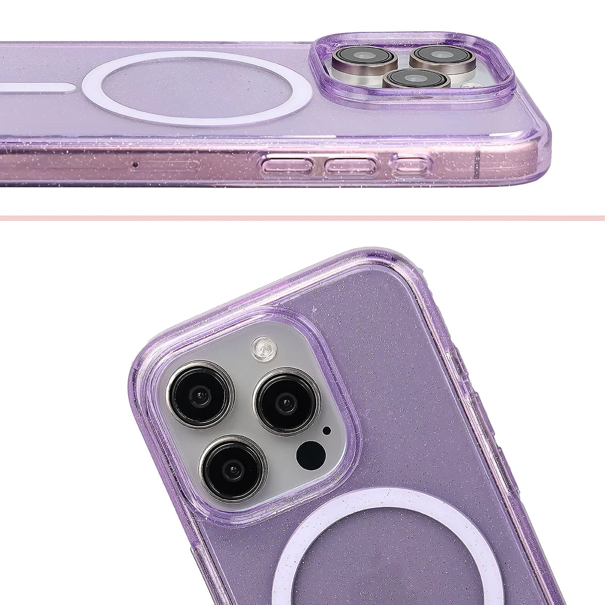 Glitzer Hülle mit Magnetring für iPhone 15 Pro, Bizon Case SparklO, Transparent-Violet mit Glitzer
