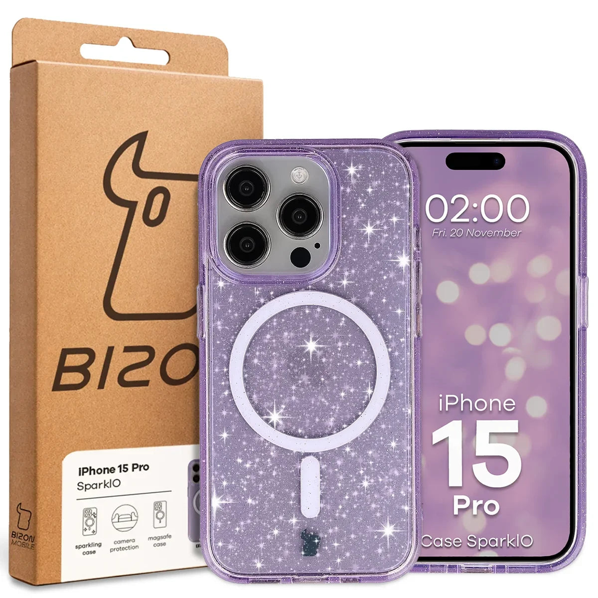 Glitzer Hülle mit Magnetring für iPhone 15 Pro, Bizon Case SparklO, Transparent-Violet mit Glitzer