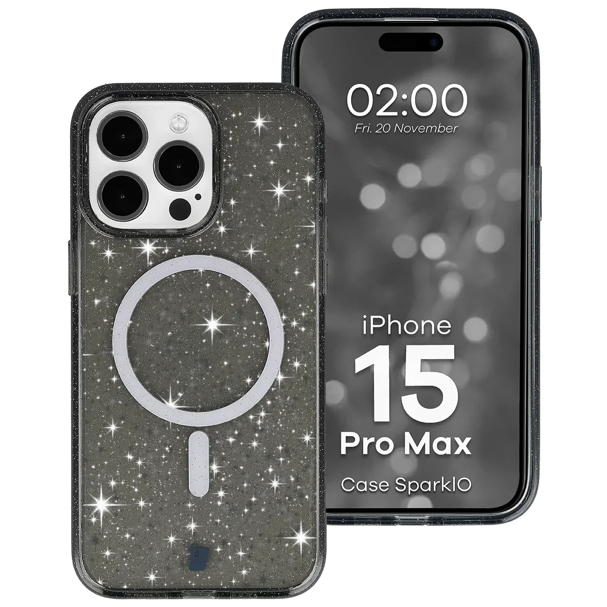 Glitzer Hülle mit Magnetring für iPhone 15 Pro Max, Bizon Case SparklO, Transparent-Schwarz mit Glitzer