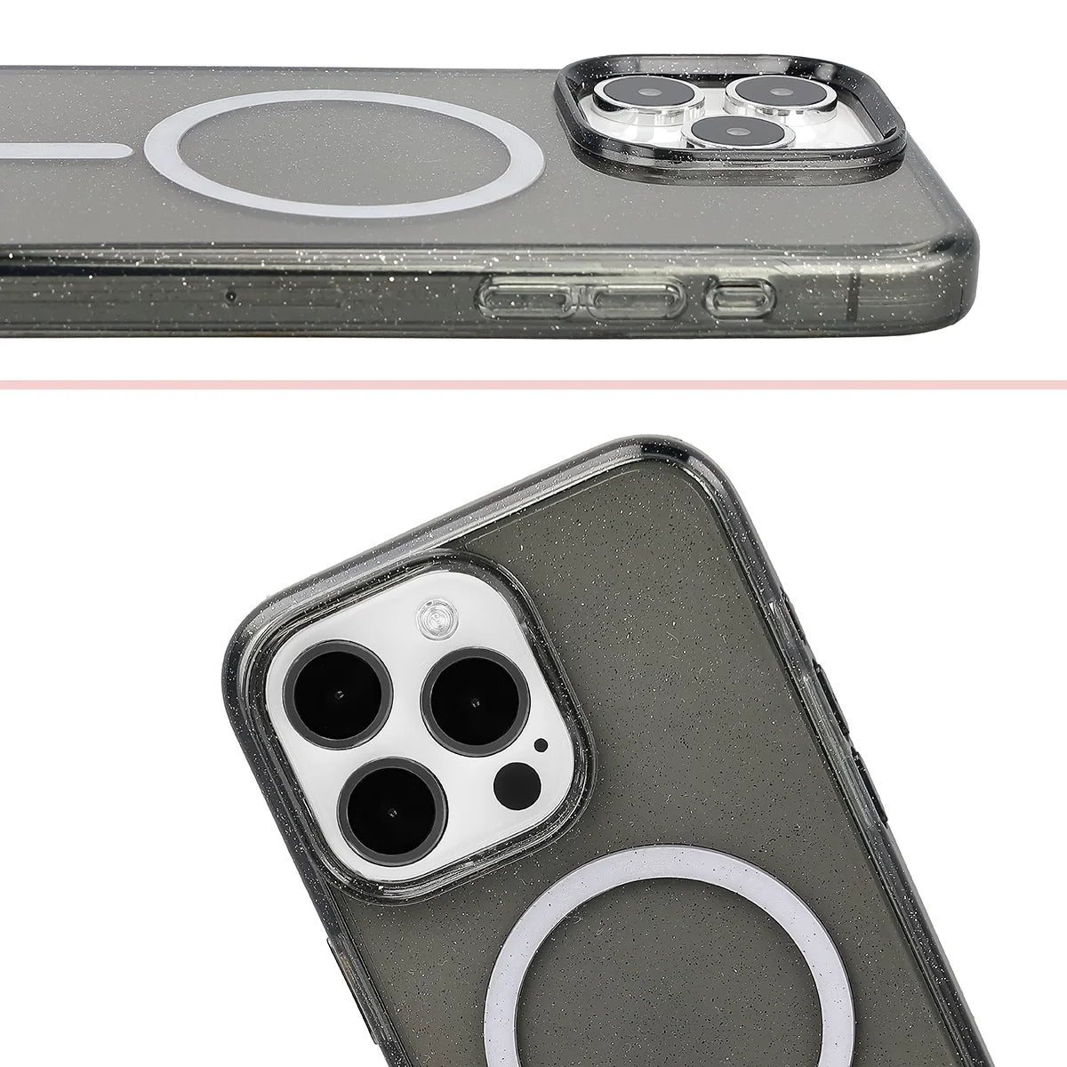 Glitzer Hülle mit Magnetring für iPhone 15 Pro Max, Bizon Case SparklO, Transparent-Schwarz mit Glitzer