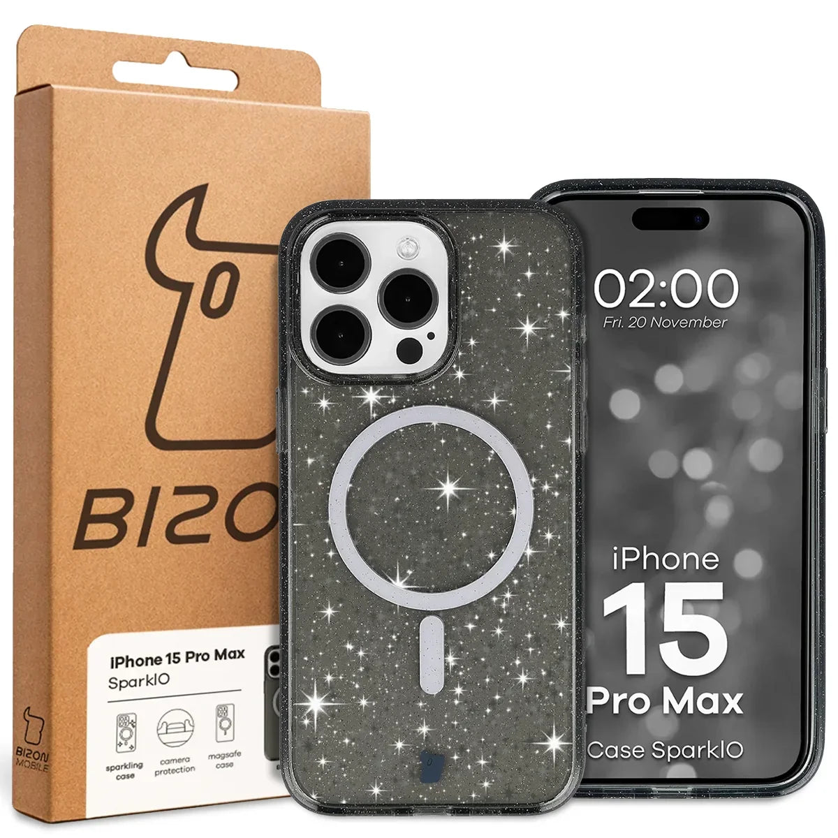 Glitzer Hülle mit Magnetring für iPhone 15 Pro Max, Bizon Case SparklO, Transparent-Schwarz mit Glitzer