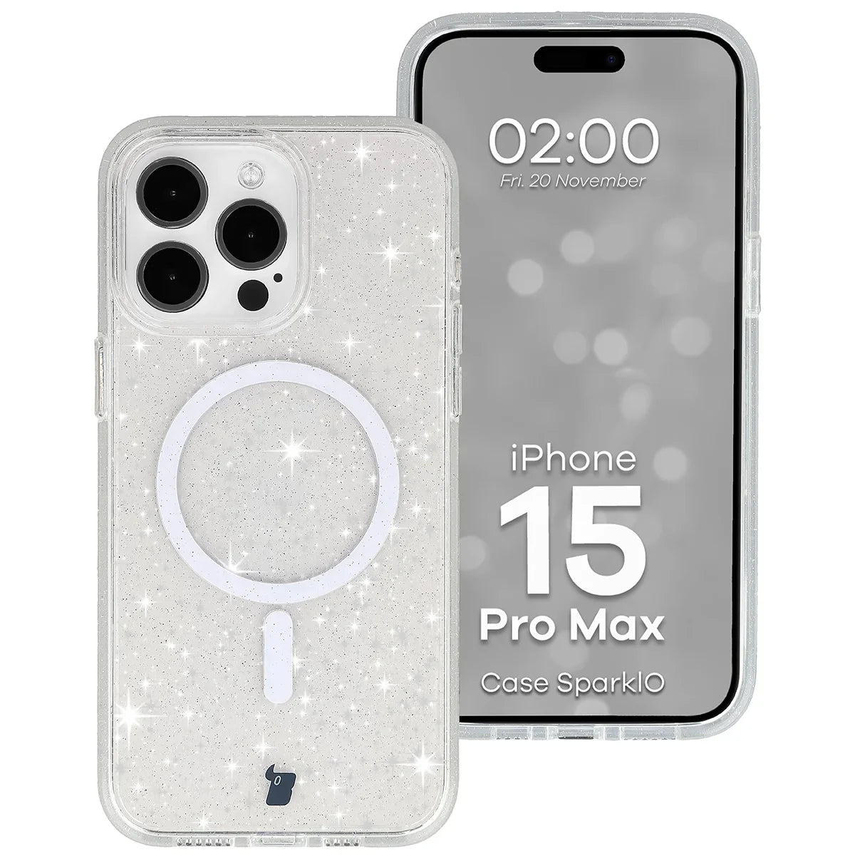 Glitzer Hülle mit Magnetring für iPhone 15 Pro Max, Bizon Case SparklO, Transparent mit Glitzer