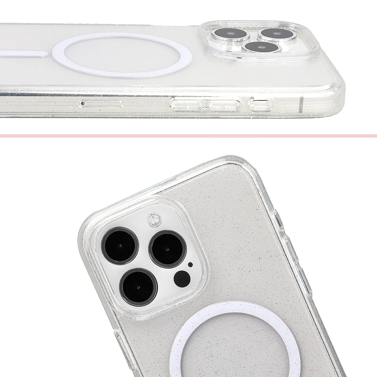 Glitzer Hülle mit Magnetring für iPhone 15 Pro Max, Bizon Case SparklO, Transparent mit Glitzer