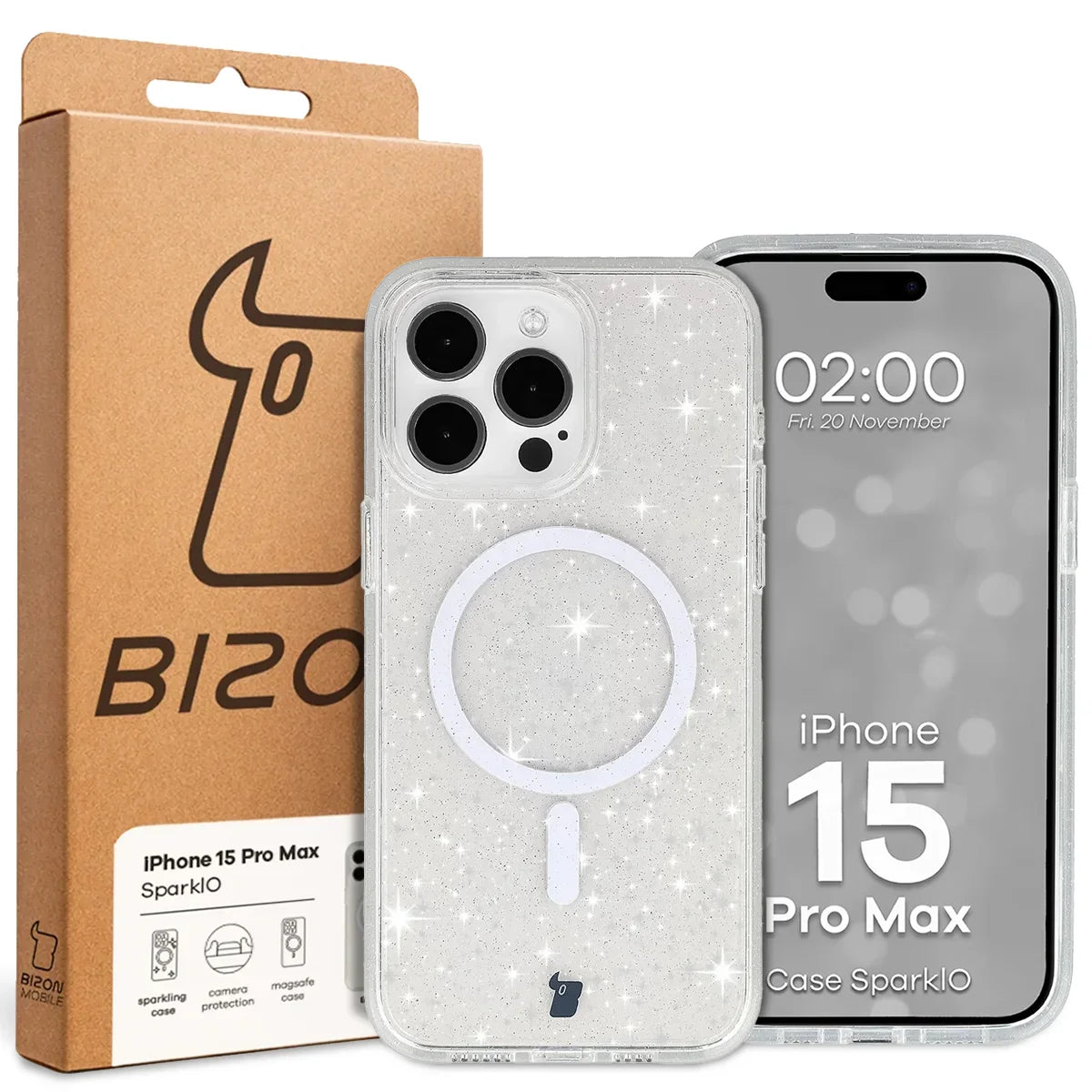Glitzer Hülle mit Magnetring für iPhone 15 Pro Max, Bizon Case SparklO, Transparent mit Glitzer