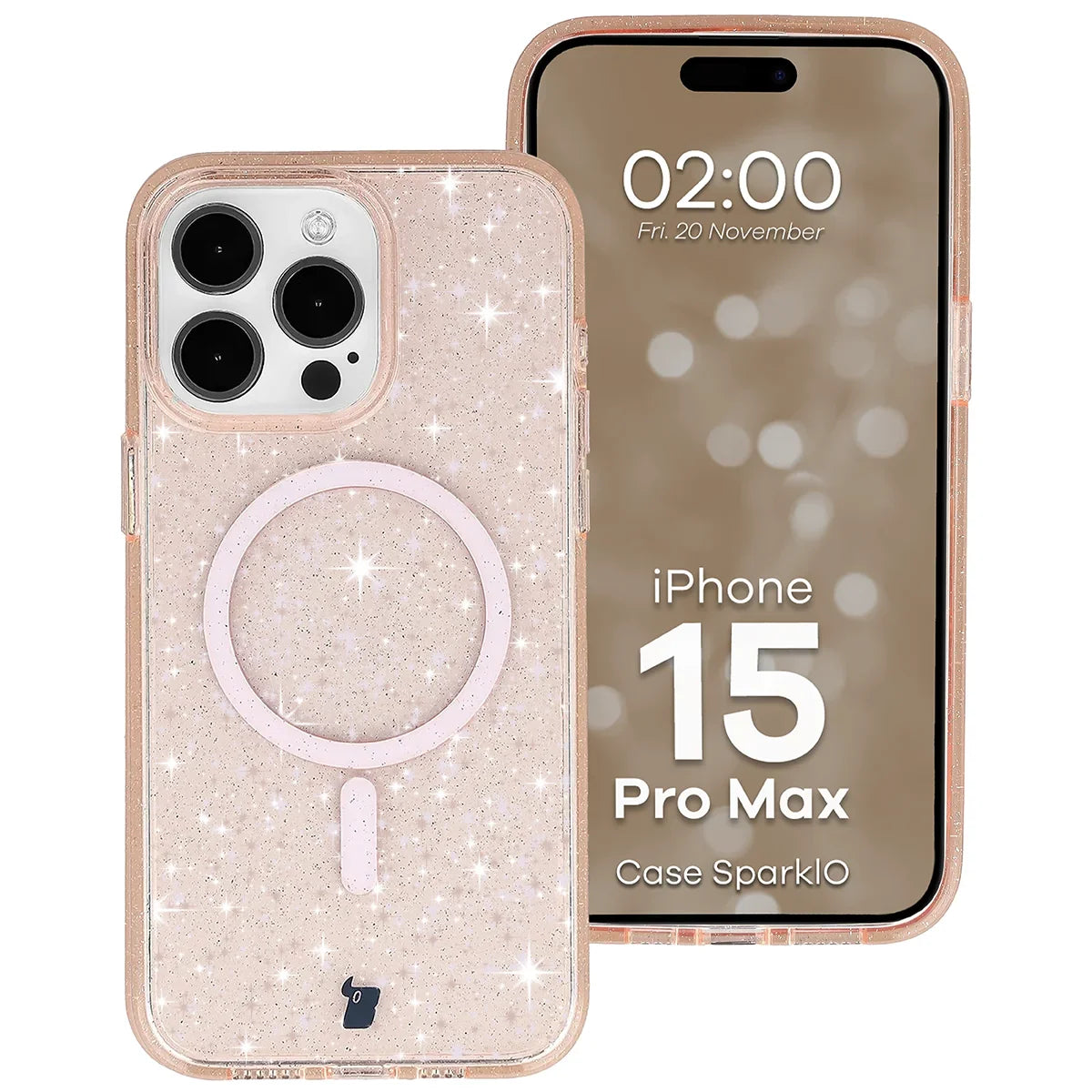 Glitzer Hülle mit Magnetring für iPhone 15 Pro Max, Bizon Case SparklO, Transparent-Hellorange mit Glitzer