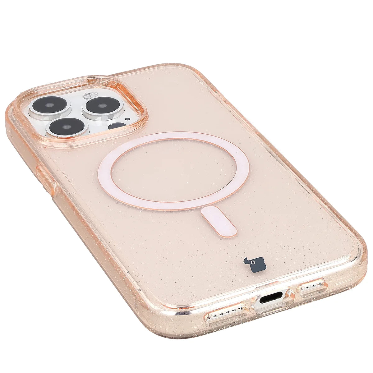 Glitzer Hülle mit Magnetring für iPhone 15 Pro Max, Bizon Case SparklO, Transparent-Hellorange mit Glitzer