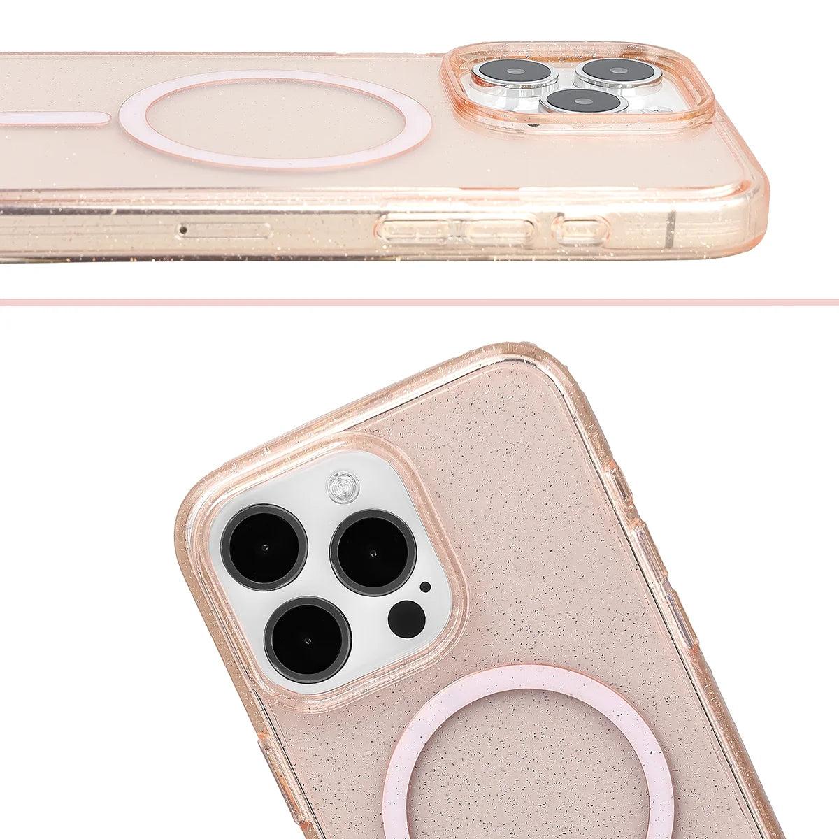 Glitzer Hülle mit Magnetring für iPhone 15 Pro Max, Bizon Case SparklO, Transparent-Hellorange mit Glitzer