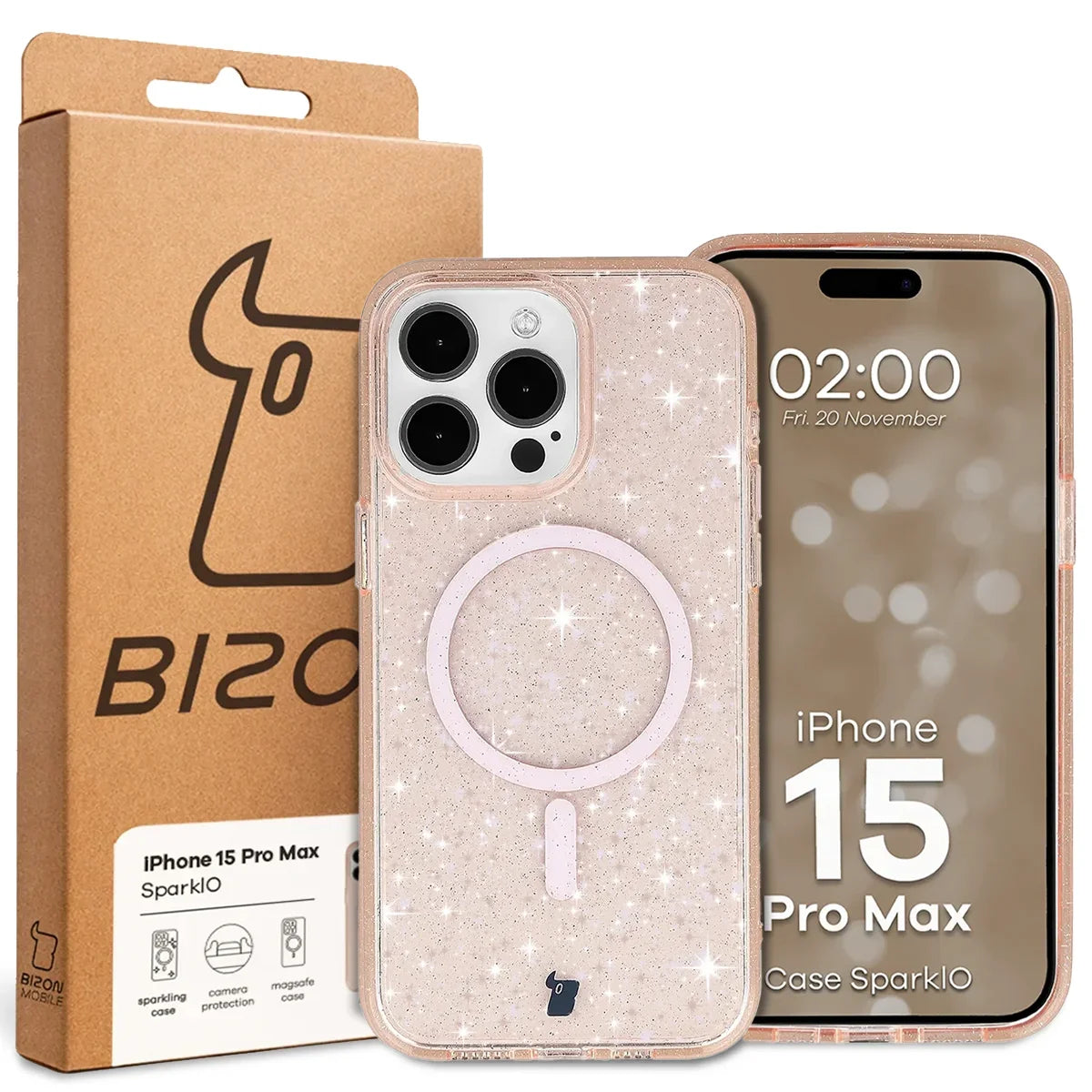 Glitzer Hülle mit Magnetring für iPhone 15 Pro Max, Bizon Case SparklO, Transparent-Hellorange mit Glitzer