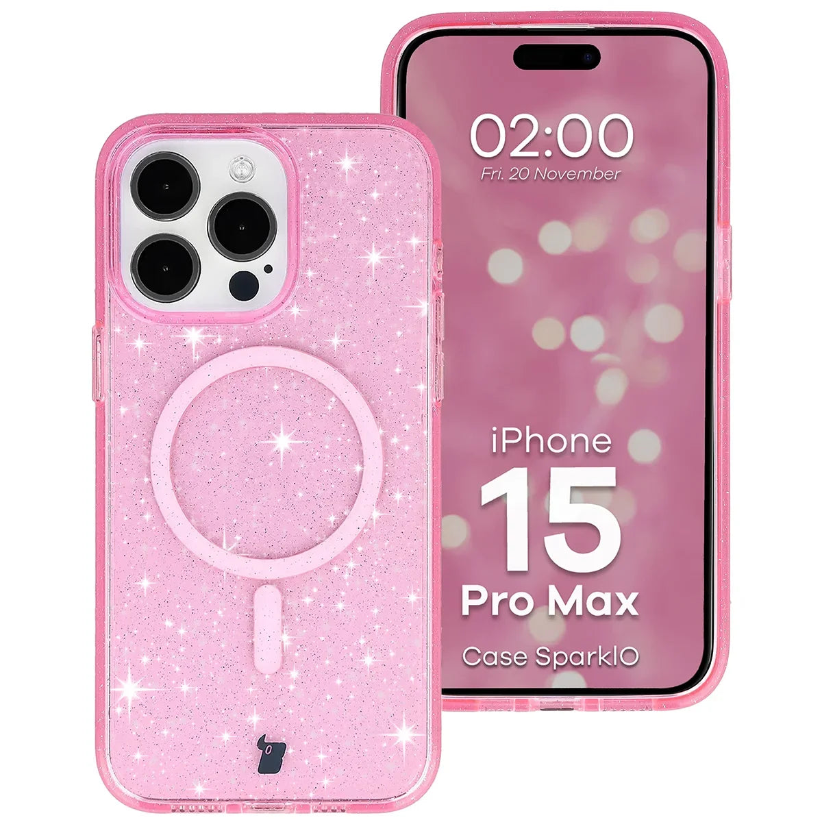 Glitzer Hülle mit Magnetring für iPhone 15 Pro Max, Bizon Case SparklO, Transparent-Rosa mit Glitzer