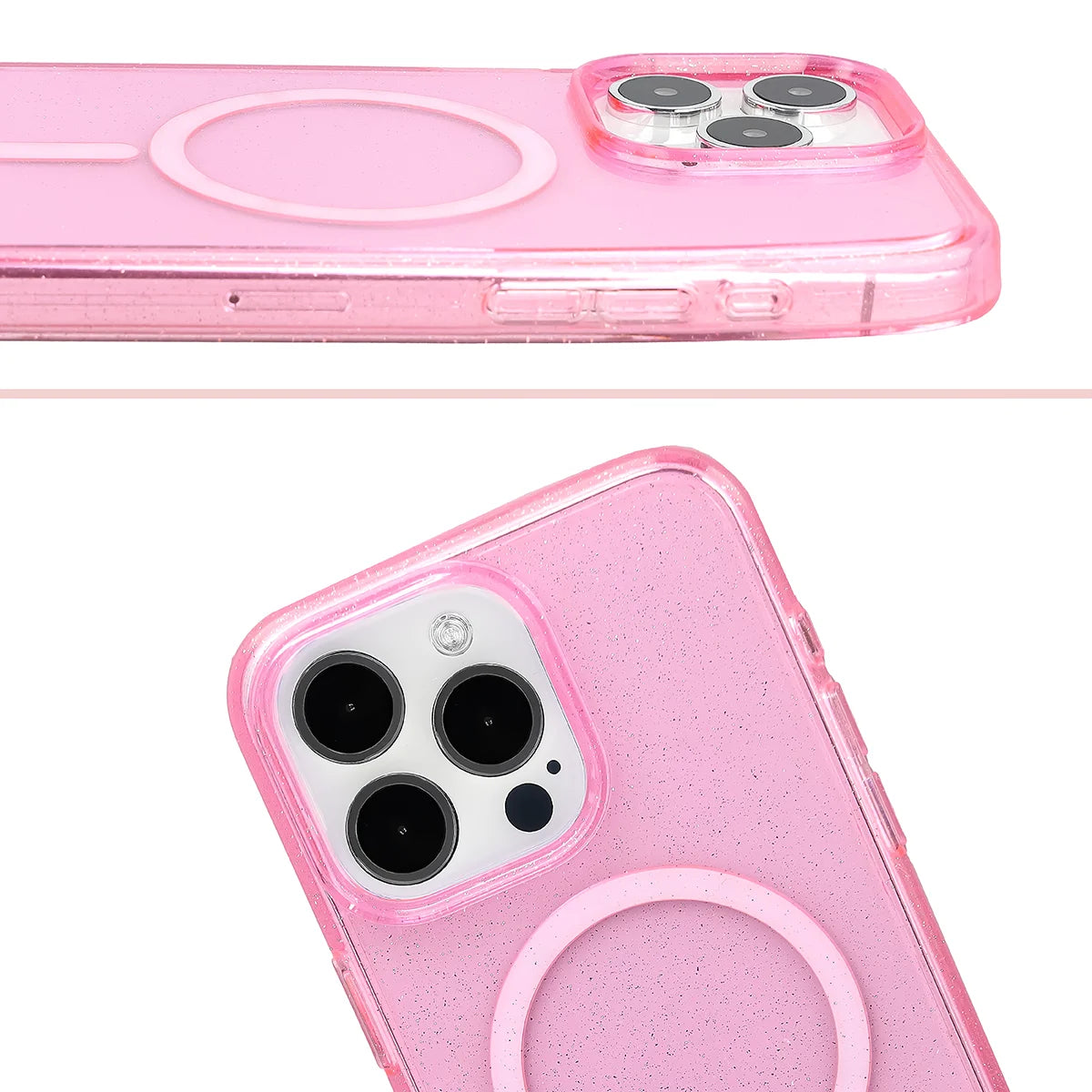 Glitzer Hülle mit Magnetring für iPhone 15 Pro Max, Bizon Case SparklO, Transparent-Rosa mit Glitzer