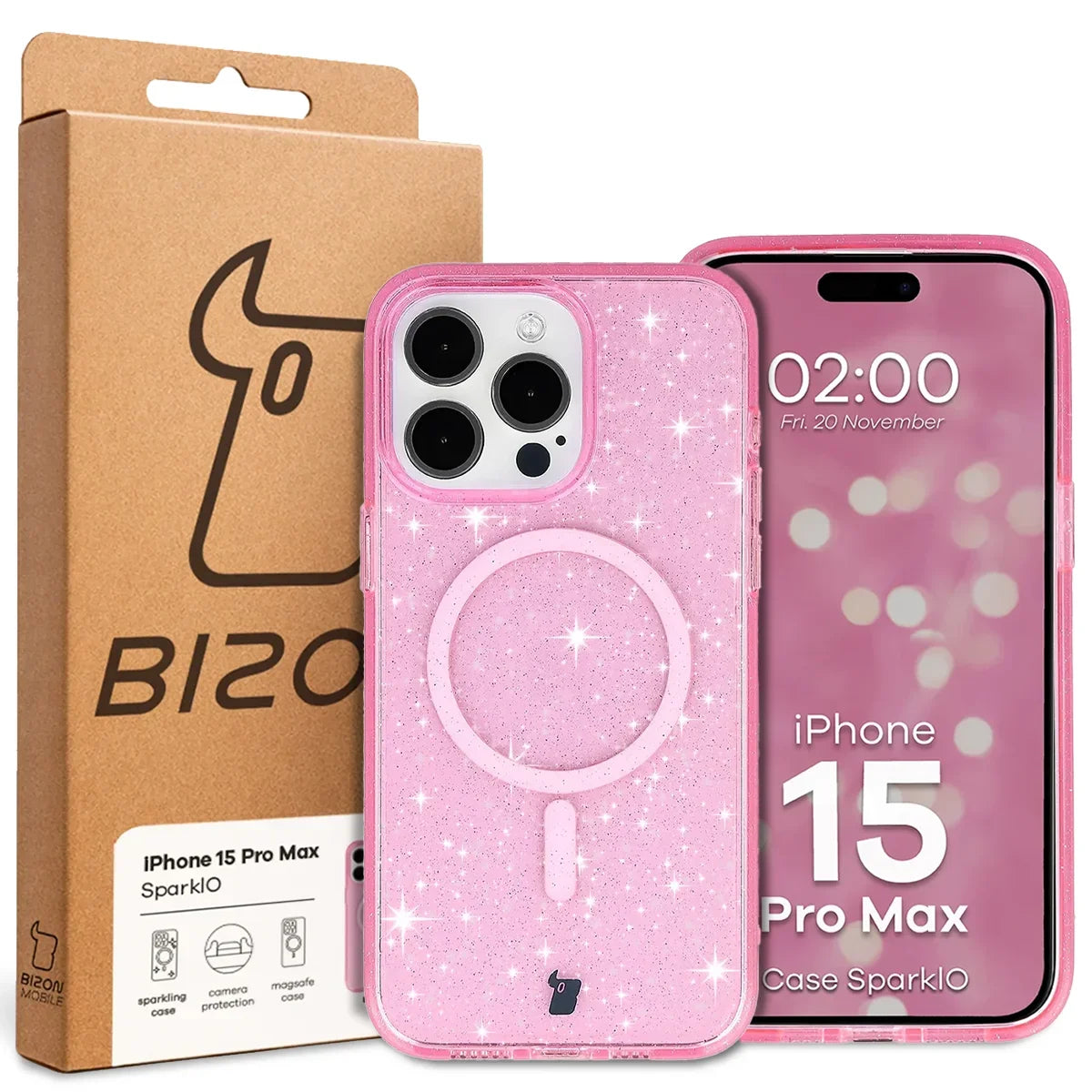 Glitzer Hülle mit Magnetring für iPhone 15 Pro Max, Bizon Case SparklO, Transparent-Rosa mit Glitzer