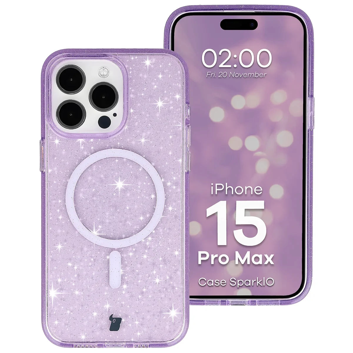 Glitzer Hülle mit Magnetring für iPhone 15 Pro Max, Bizon Case SparklO, Transparent-Violet mit Glitzer