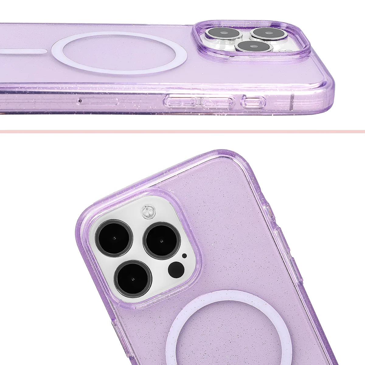 Glitzer Hülle mit Magnetring für iPhone 15 Pro Max, Bizon Case SparklO, Transparent-Violet mit Glitzer