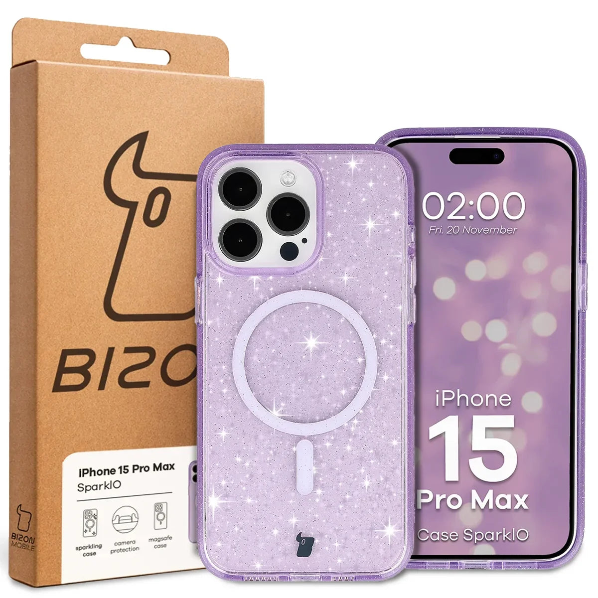 Glitzer Hülle mit Magnetring für iPhone 15 Pro Max, Bizon Case SparklO, Transparent-Violet mit Glitzer