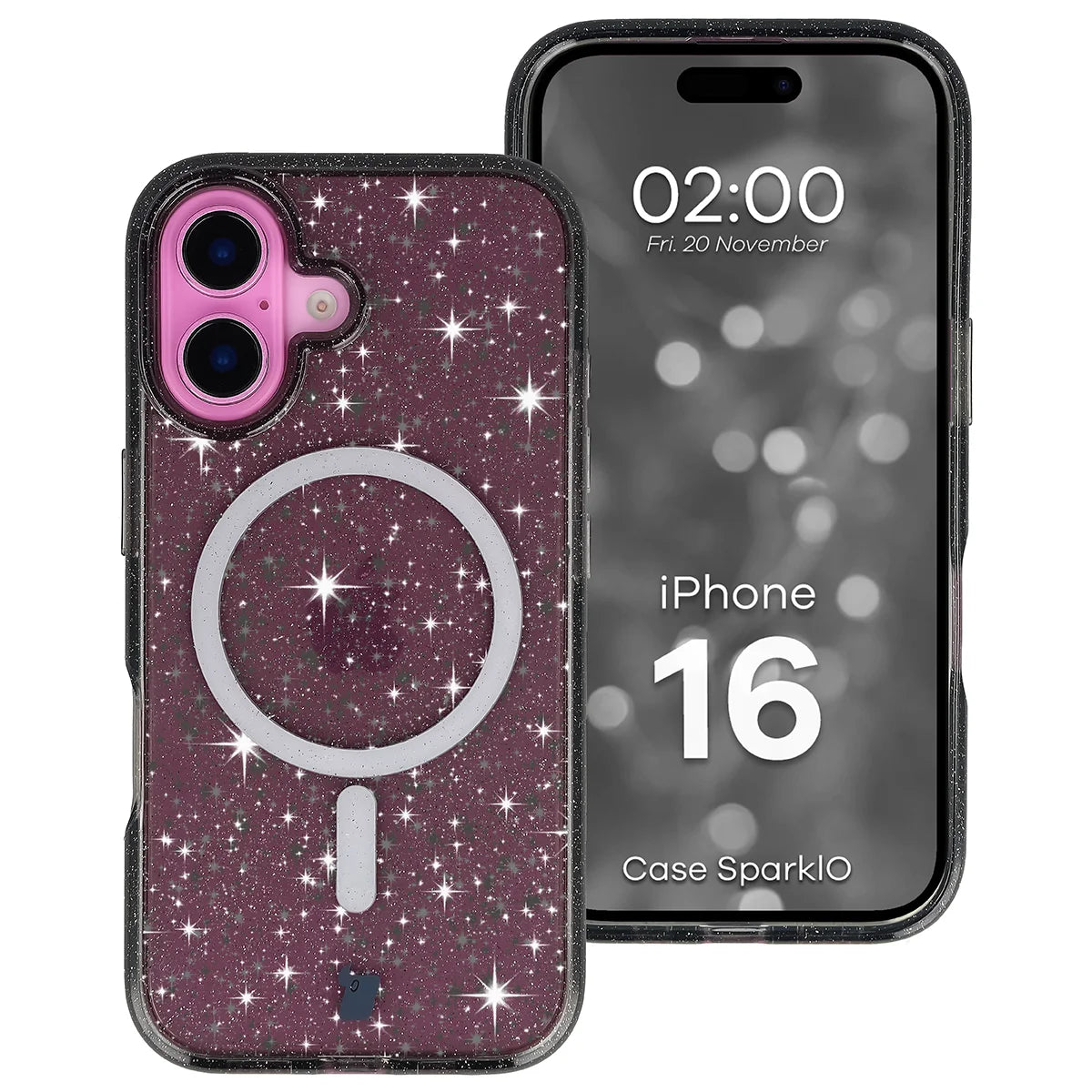 Glitzer Hülle mit Magnetring für iPhone 16, Bizon Case SparklO, Transparent-Schwarz mit Glitzer