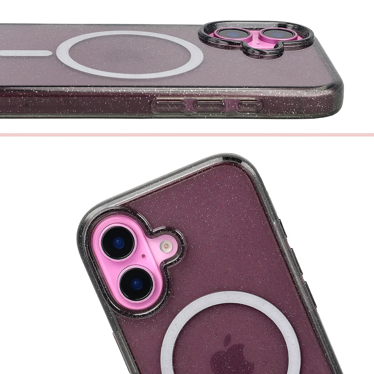 Glitzer Hülle mit Magnetring für iPhone 16, Bizon Case SparklO, Transparent-Schwarz mit Glitzer