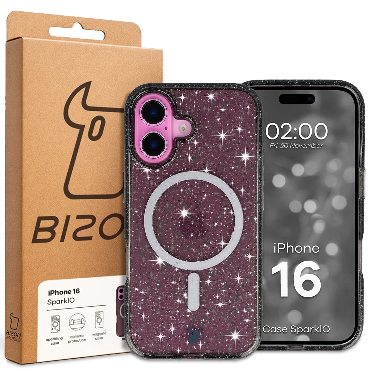 Glitzer Hülle mit Magnetring für iPhone 16, Bizon Case SparklO, Transparent-Schwarz mit Glitzer