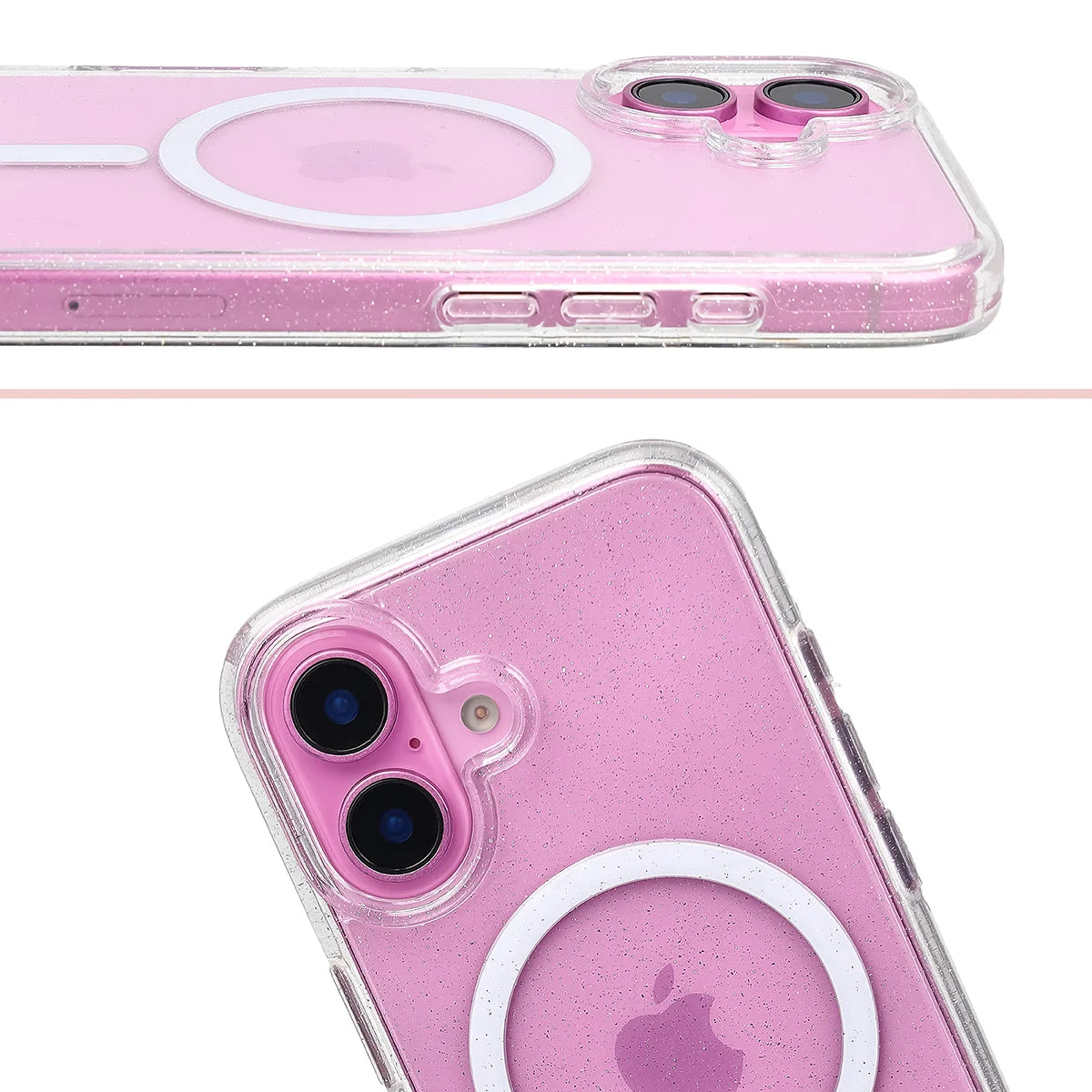 Glitzer Hülle mit Magnetring für iPhone 16, Bizon Case SparklO, Transparent mit Glitzer